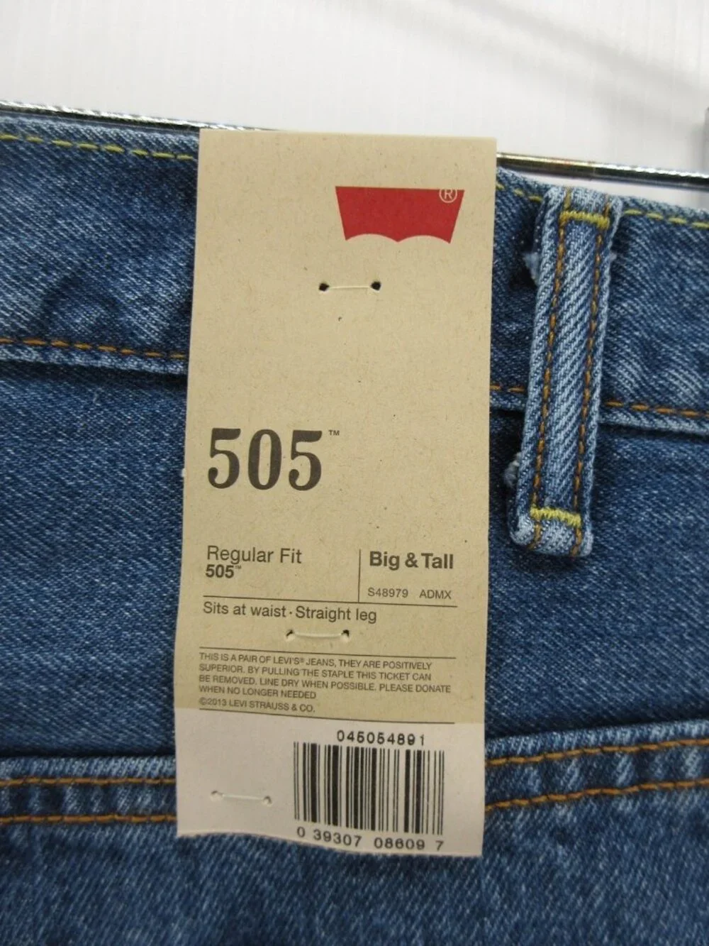 Levis 505 Jeans 44X34 Regular Fit Straight Leg Red Tab Denim Pants NEW